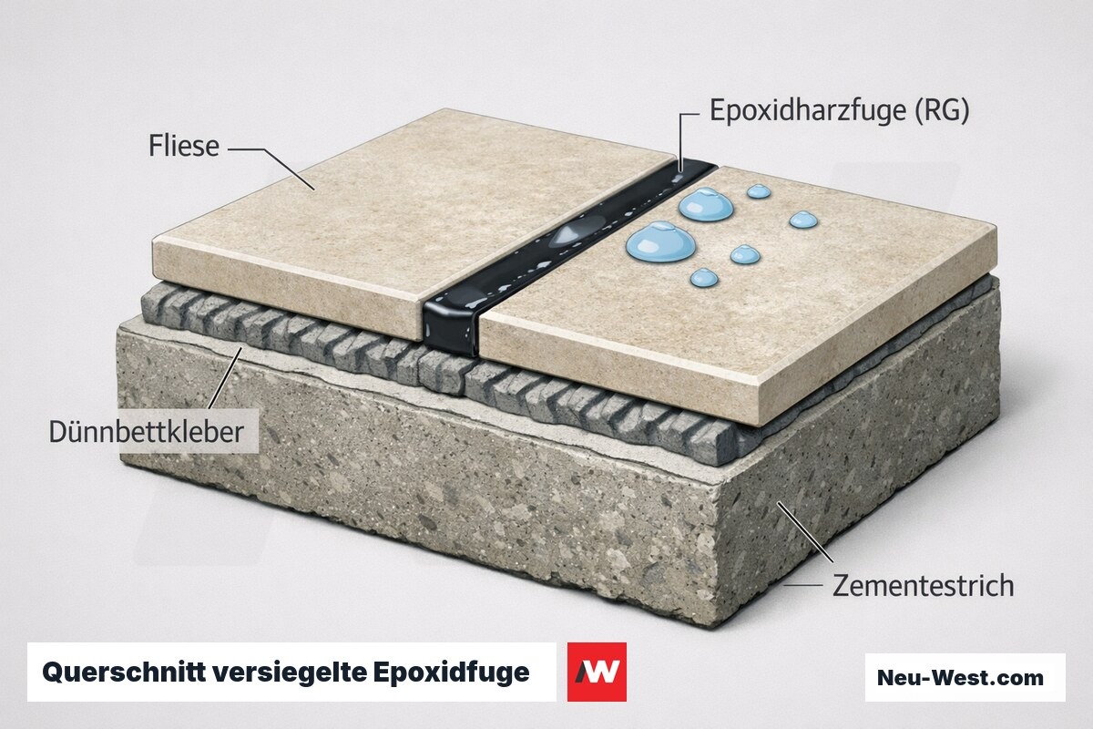Querschnitt eines Fliesenbodens mit dicht versiegelter Epoxidharzfuge, die aggressive Reinigungsmittel abweist, über Dünnbettkleber und Zementestrich.