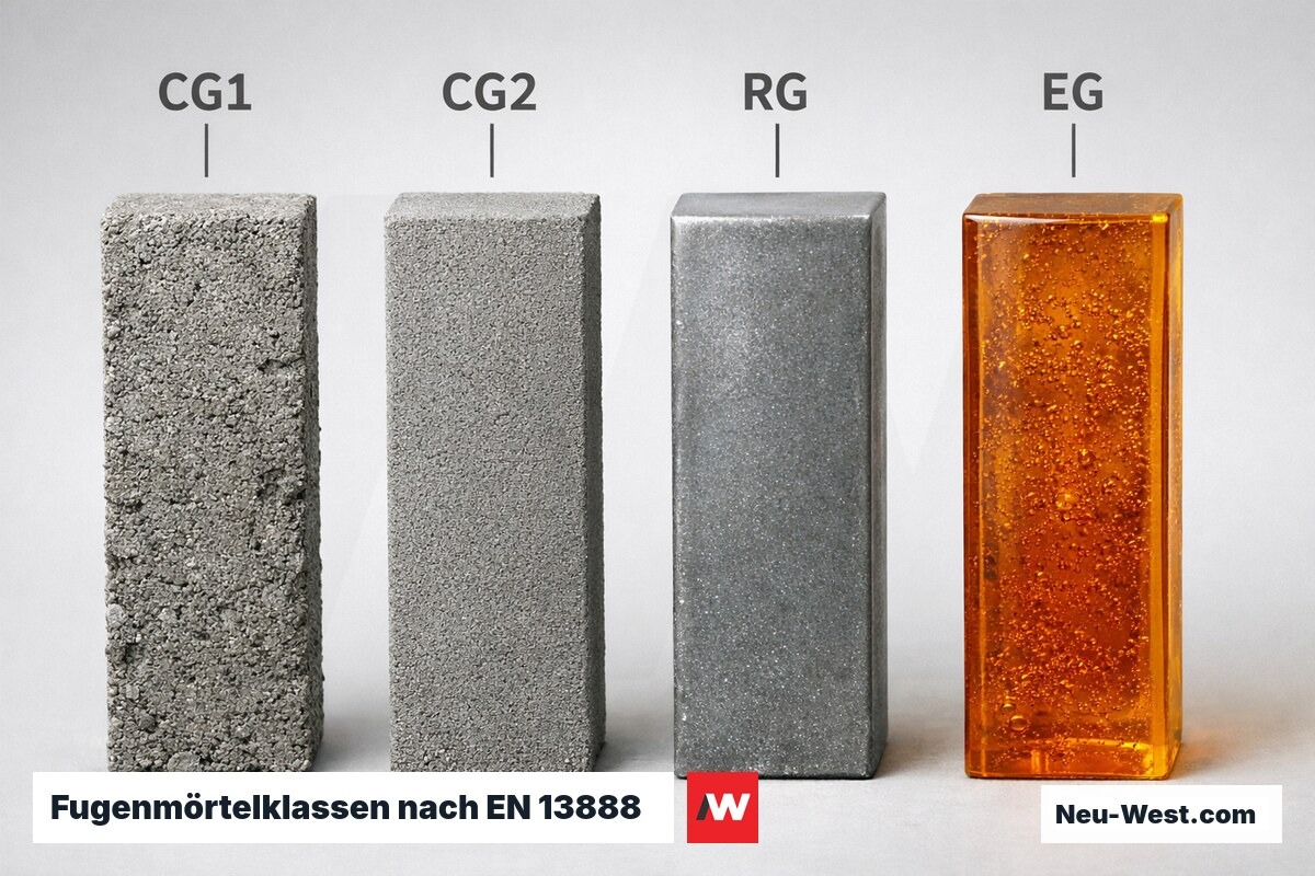 Fugenmörtelklassen nach EN 13888: CG1 / CG2 / RG – Erklär-Grafik (NEUWEST Berlin)