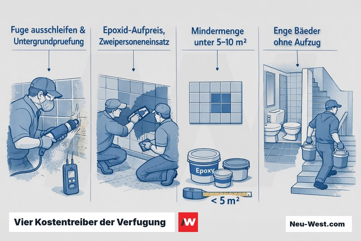 Erklär-Grafik mit vier Kostentreibern der Verfugung: Fuge ausschleifen, Epoxid-Verarbeitung zu zweit, Mindermengenfläche und erschwerter Zugang.