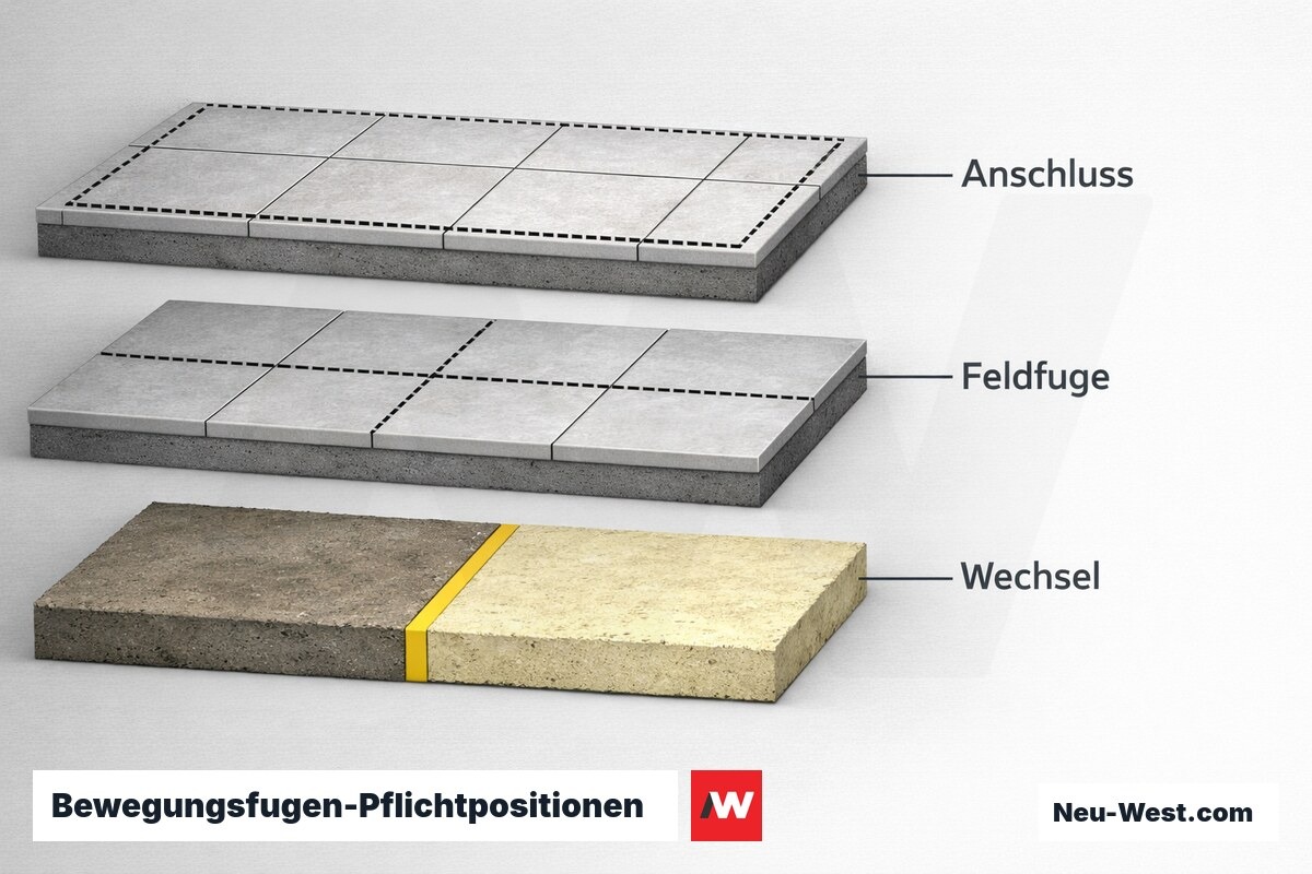 Bewegungsfugen-Pflichtpositionen nach ZDB-Merkblatt 'Bewegungsfugen' – Erklär-Grafik (NEUWEST Berlin)