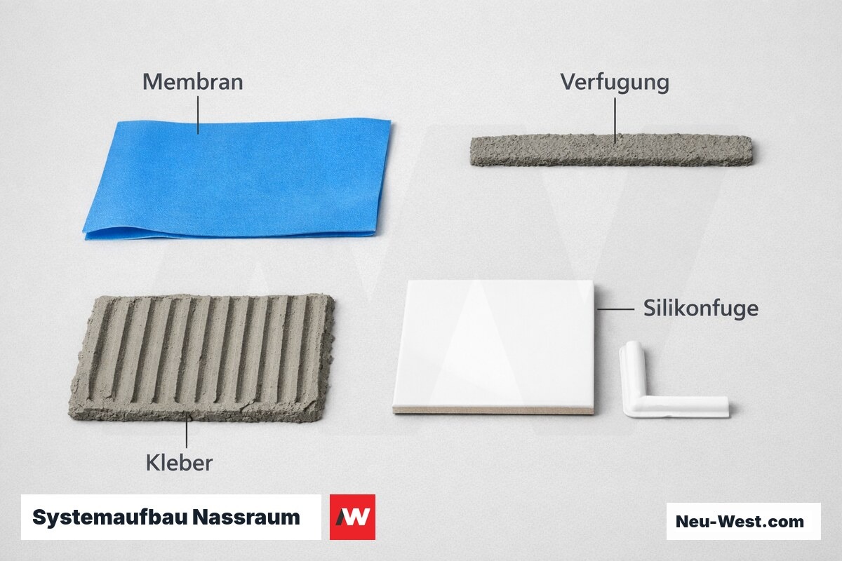 Systemaufbau Nassraum: Schichtenfolge und Fugentypen – Erklär-Grafik (NEUWEST Berlin)
