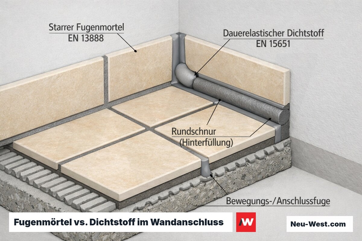 Querschnitt einer Fliesenecke: starre Fugenmörtel-Fugen im Feld gegenüber dauerelastischem Dichtstoff mit Rundschnur an Wandanschluss- und Bewegungsfuge.