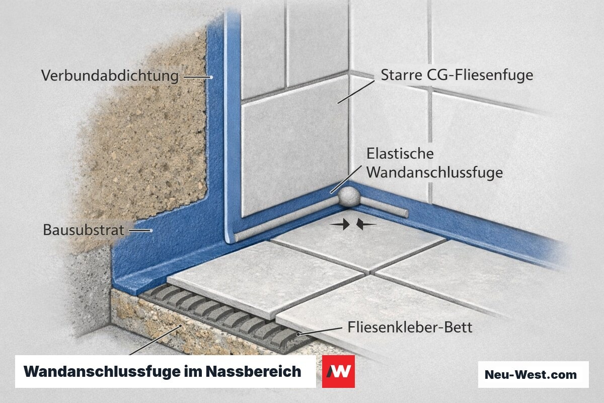 Querschnitt Wand-Boden-Innenecke im Nassbereich: Verbundabdichtung, starre Fliesenfuge und dauerelastische Wandanschlussfuge mit Scherbewegung.