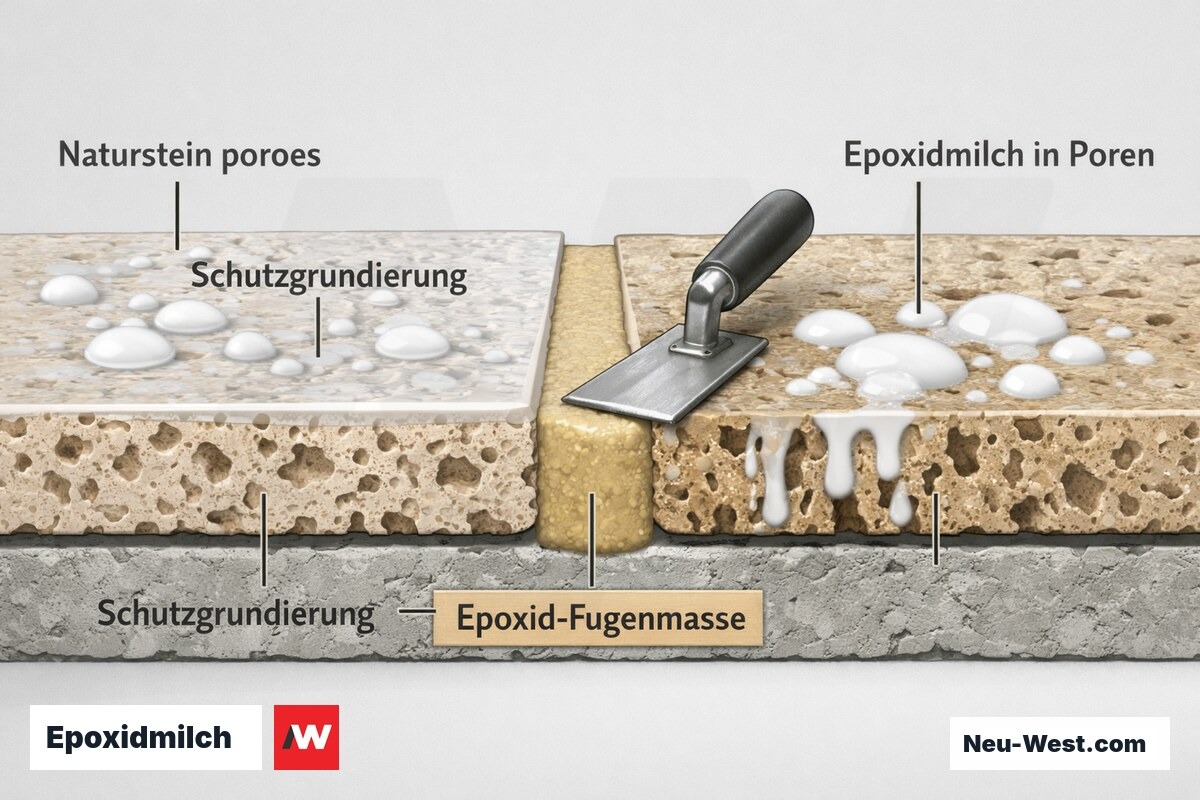 Querschnitt einer Naturstein-Fuge: Schutzgrundierung versiegelt die Poren links, während rechts ohne Grundierung Epoxidmilch in die offene Steinstruktur eindringt.