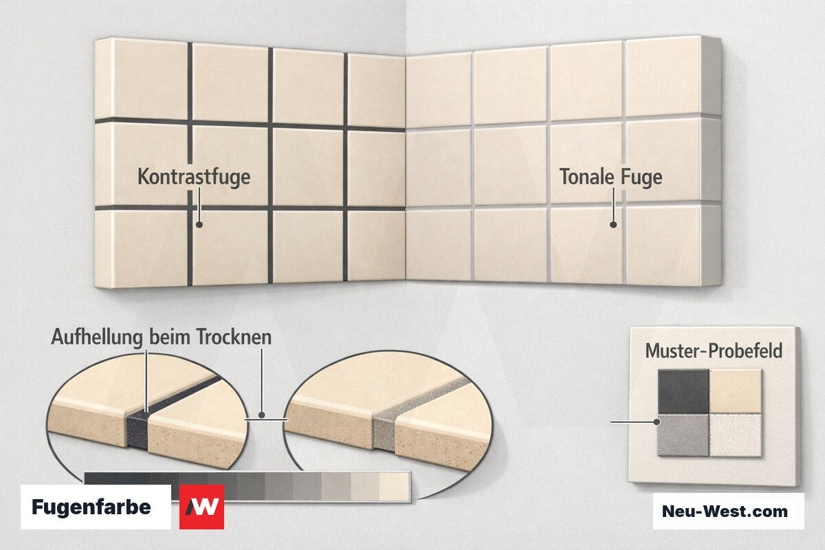 Erklär-Grafik: Kontrastfuge und tonale Fuge im Vergleich, Aufhellung des Zementfugenmörtels beim Trocknen und Muster-Probefeld.
