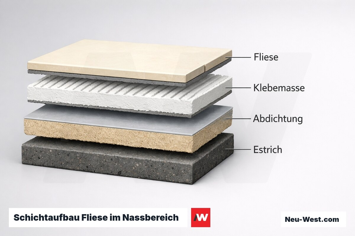 Schichtaufbau Fliese im Nassbereich (DIN 18534) – Erklär-Grafik (NEUWEST Berlin)