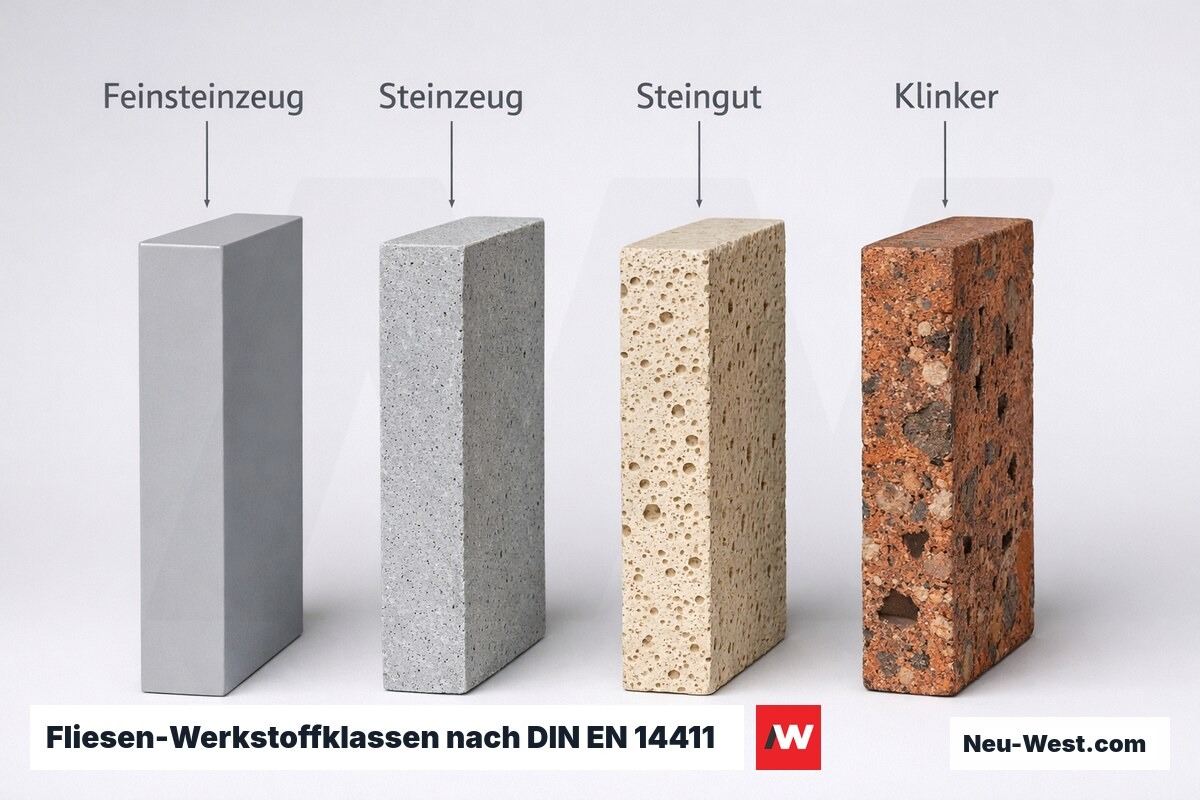 Fliesen-Werkstoffklassen nach DIN EN 14411 — Wasseraufnahme – Erklär-Grafik (NEUWEST Berlin)