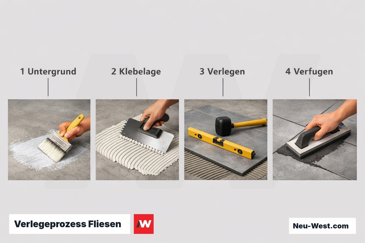 Verlegeprozess Fliesen — 4 Arbeitsschritte im Überblick – Erklär-Grafik (NEUWEST Berlin)