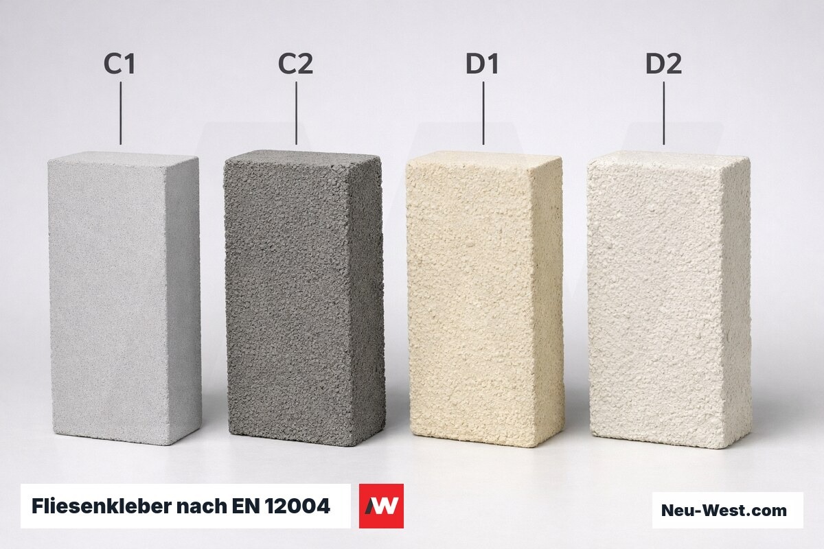 Fliesenkleber nach EN 12004: Klassen C1, C2, D1, D2 im Überblick – Erklär-Grafik (NEUWEST Berlin)