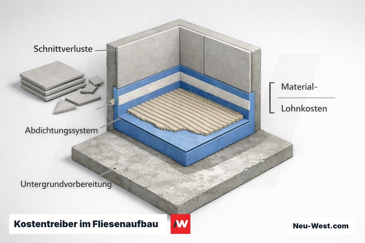 Querschnitt eines Fliesenaufbaus mit Untergrundvorbereitung, Abdichtung, Kleberbett, Fliesen und Schnittverlusten als Kostentreiber