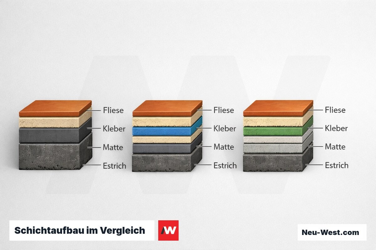 Schichtaufbau im Vergleich: Verbund-Dünnbett, Entkopplungsmatte, Mittelbett – Erklär-Grafik (NEUWEST Berlin)