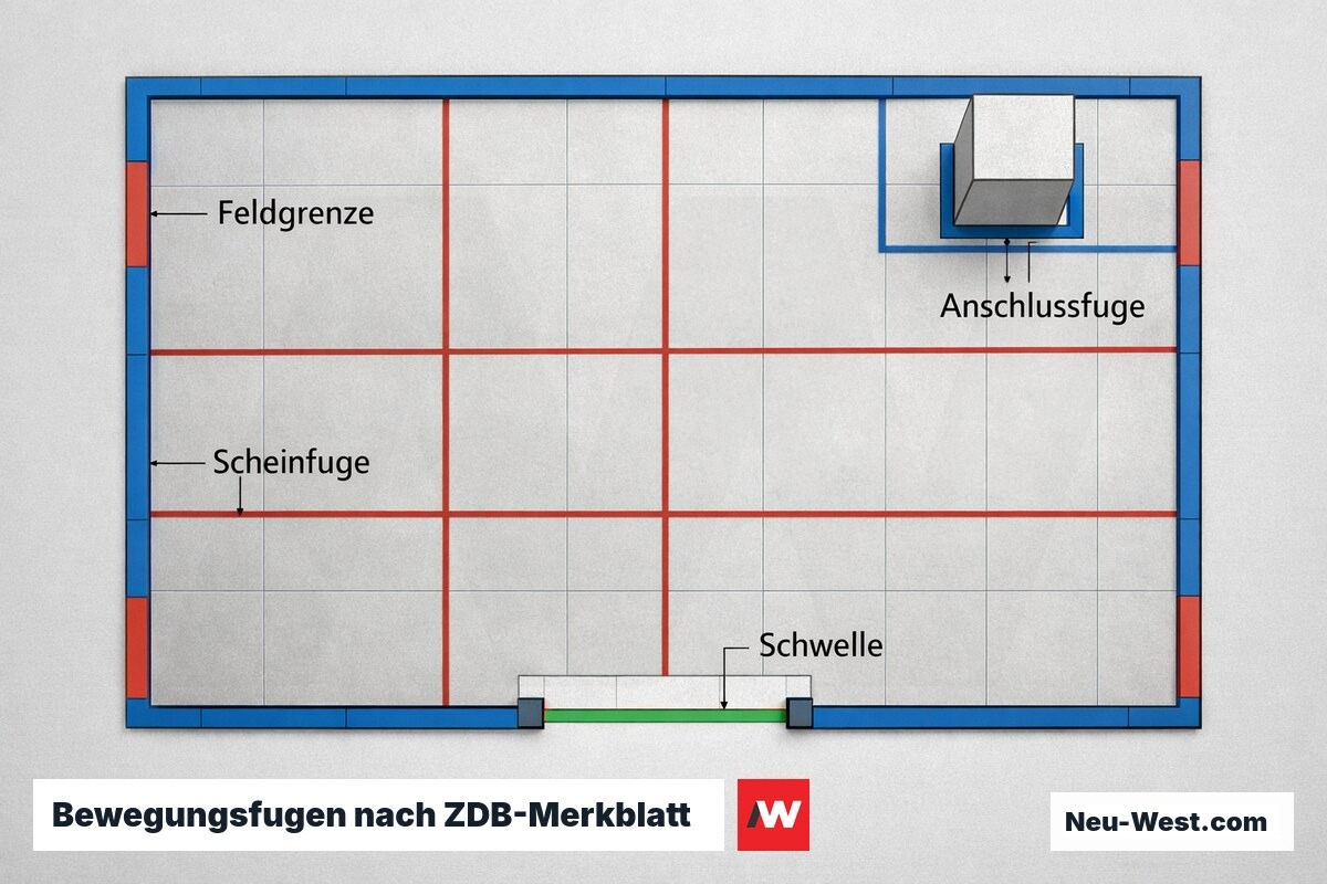 Bewegungsfugen nach ZDB-Merkblatt: Raster, Feldgröße und Anschlussdetails – Erklär-Grafik (NEUWEST Berlin)