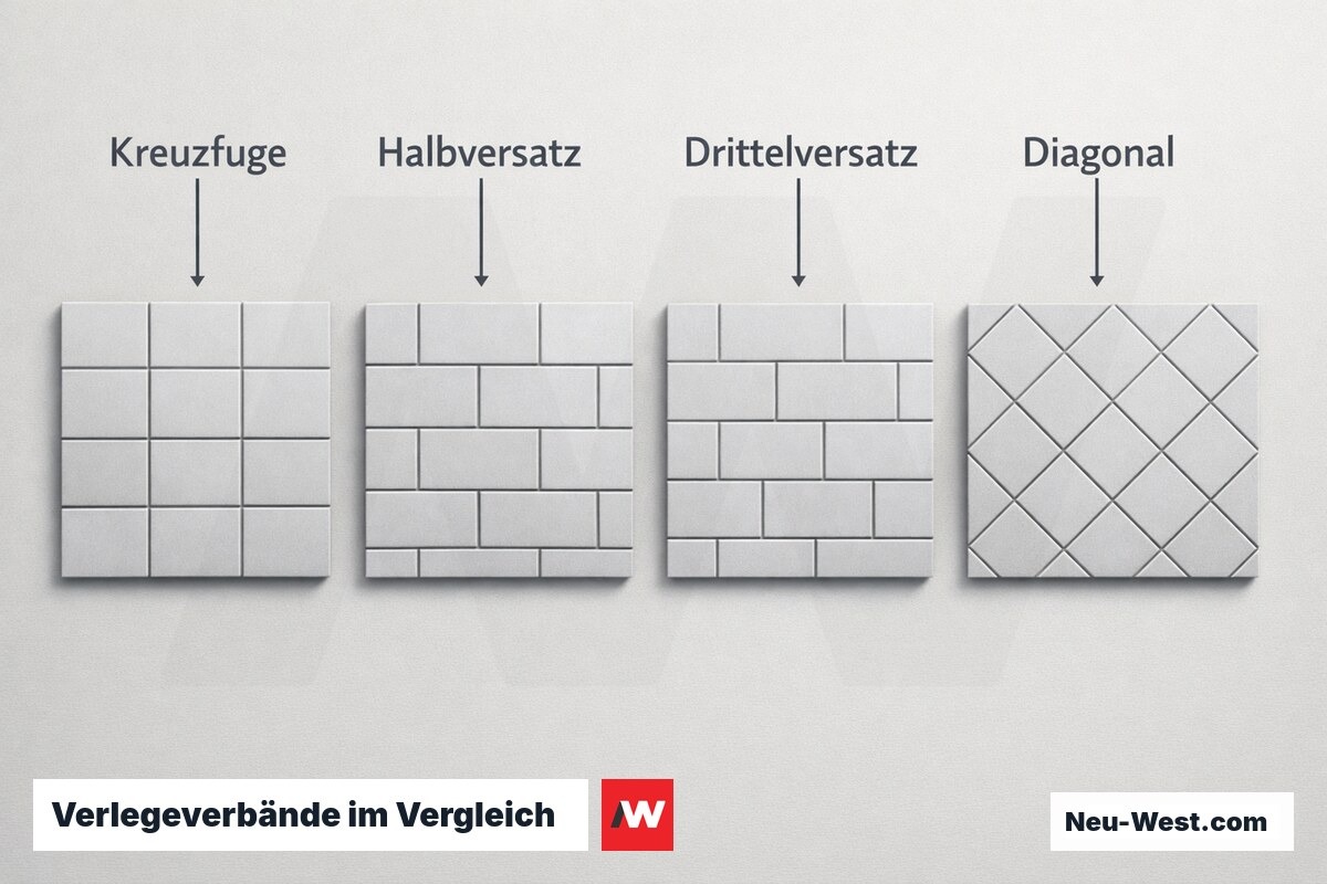 Verlegeverbände im Vergleich: Kreuzfuge, Halbversatz, Drittelversatz, Diagonalverband – Erklär-Grafik (NEUWEST Berlin)