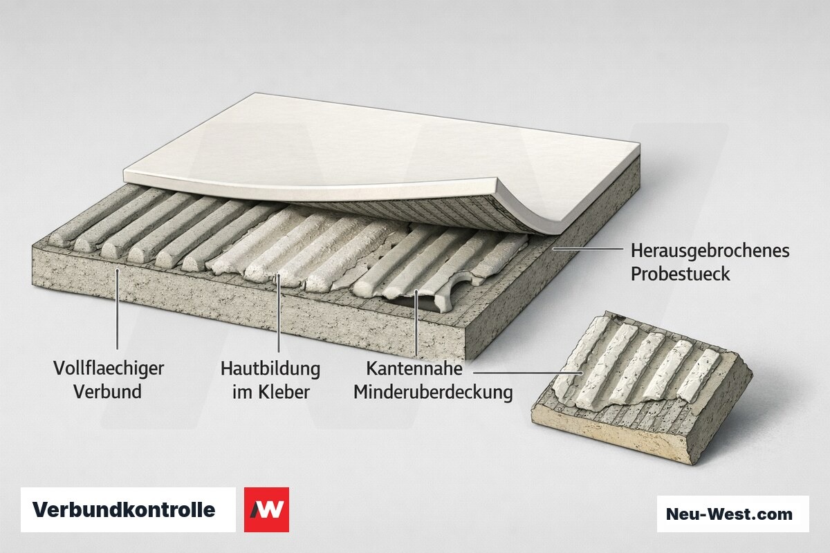 Querschnitt einer Fliese im Kleberbett mit kantennaher Minderüberdeckung, Hautbildung und herausgebrochenem Probestück zur Verbundkontrolle.