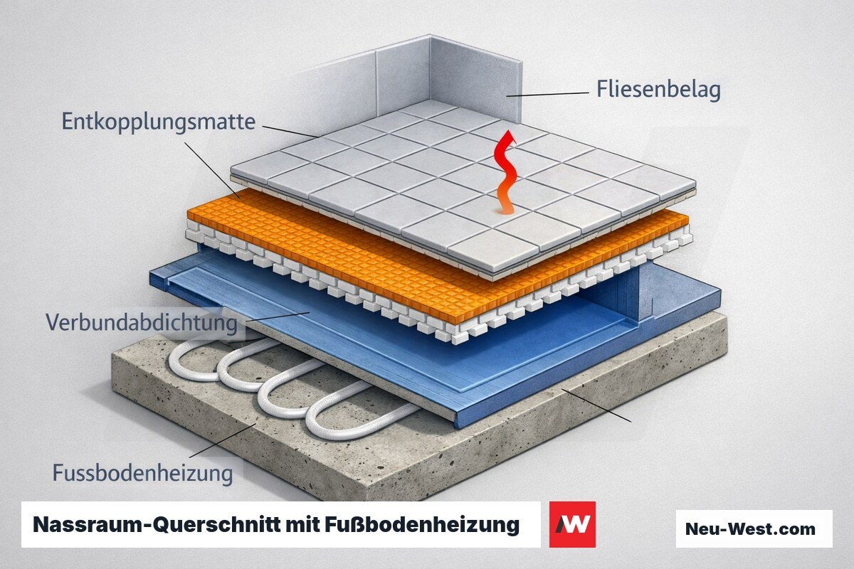 Querschnitt eines Nassraum-Bodenaufbaus: getrennte Verbundabdichtung und Entkopplungsmatte über Fußbodenheizung im Estrich, darüber Fliesen.