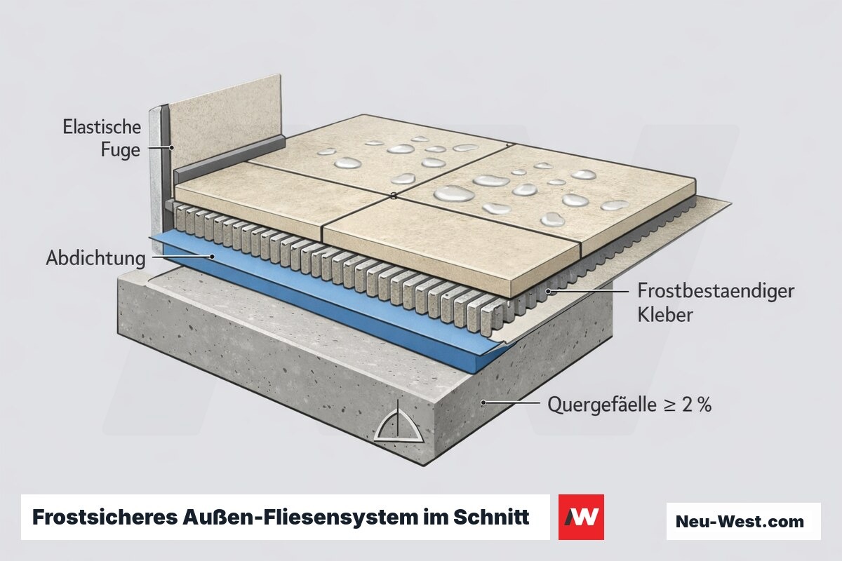 Querschnitt eines Außen-Fliesenbelags mit Betonplatte, Gefälle, Abdichtung, frostbeständigem Kleber, Fliesen und elastischer Randfuge.
