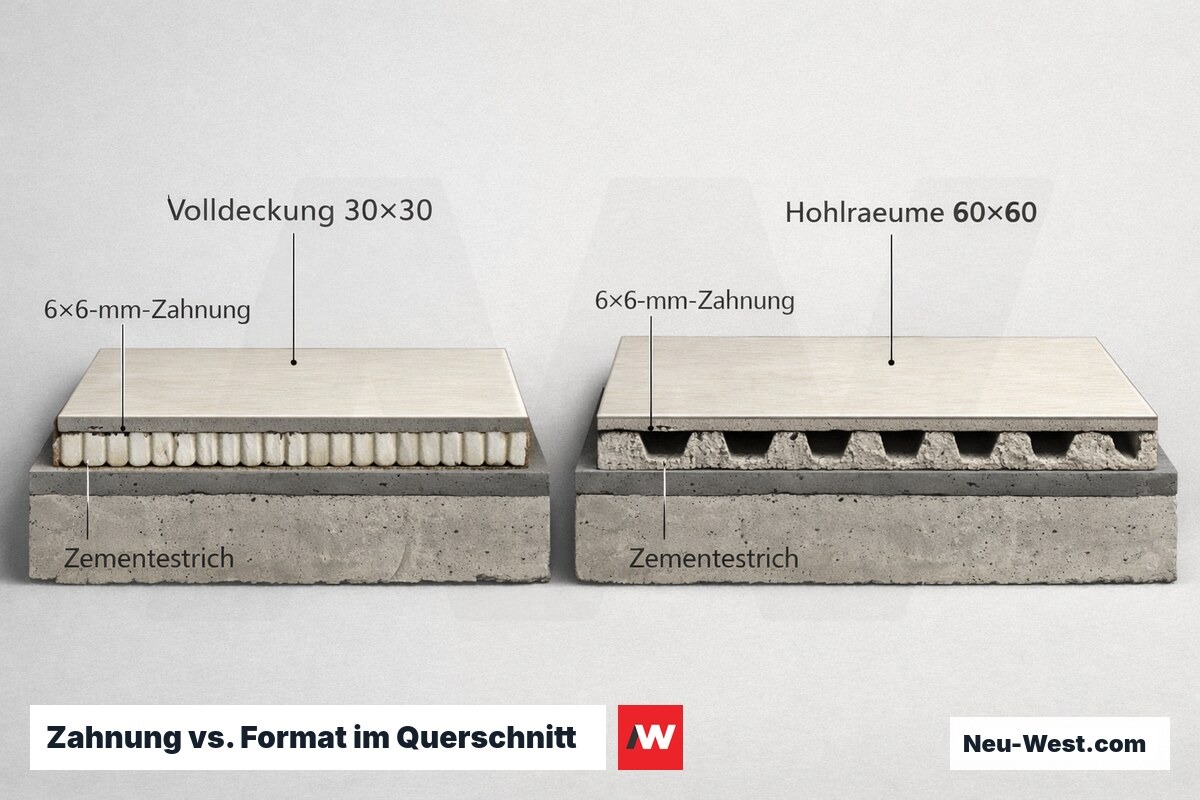 Querschnitt-Vergleich: 6×6-mm-Zahnung erzeugt Volldeckung bei 30×30-Fliese, aber Hohlräume und Unterdeckung bei 60×60-Großformat.