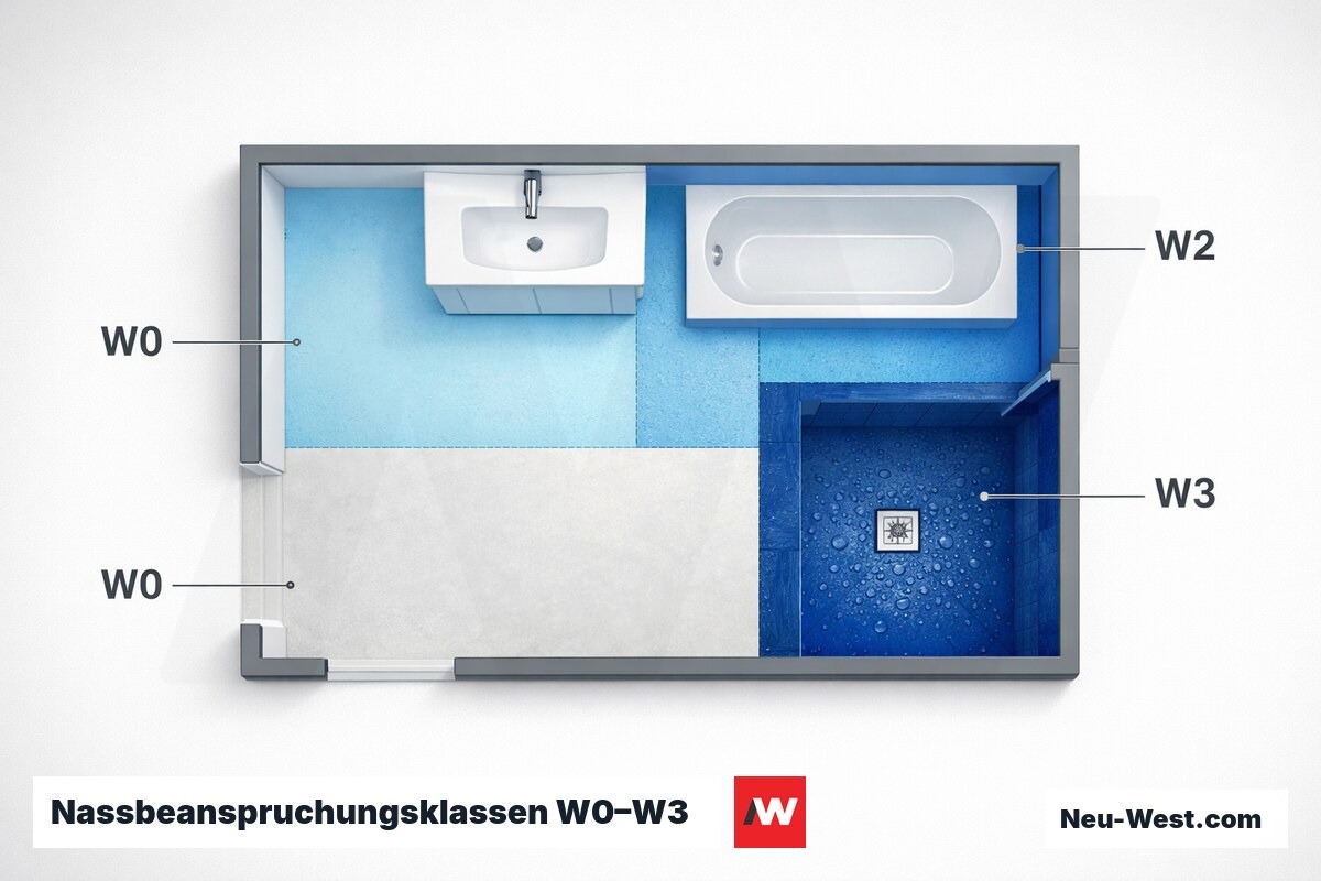 Nassbeanspruchungsklassen W0–W3 nach DIN 18534 – Erklär-Grafik (NEUWEST Berlin)