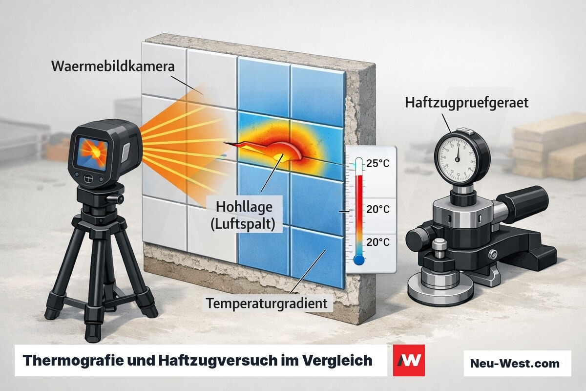 Cutaway einer gefliesten Wand: Wärmebildkamera erkennt warme Hohllage hinter Fliese, Haftzugprüfgerät liefert quantitativen Nachweis der Haftfestigkeit.