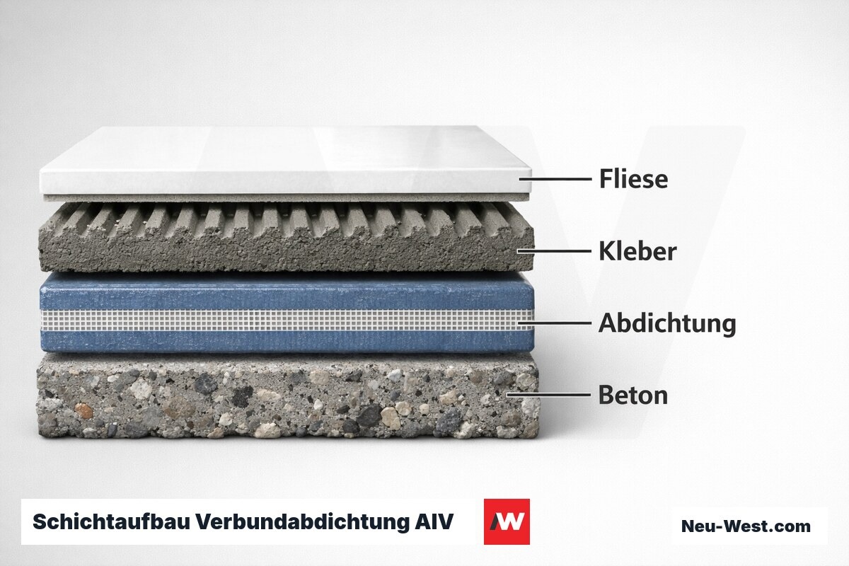 Schichtaufbau Verbundabdichtung AIV nach DIN 18534 – Erklär-Grafik (NEUWEST Berlin)