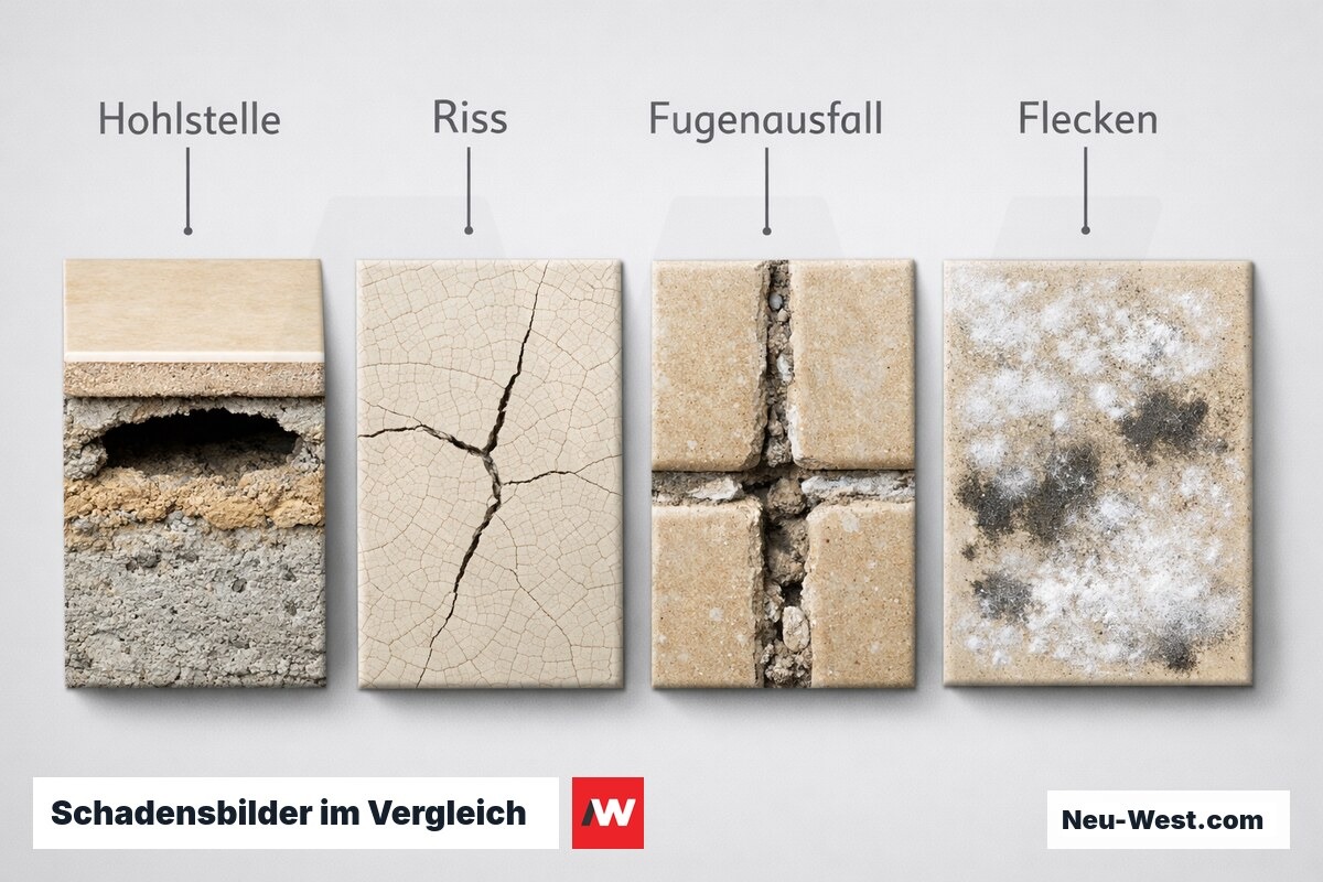 Schadensbilder im Vergleich: Erscheinungsform und Primärursache – Erklär-Grafik (NEUWEST Berlin)