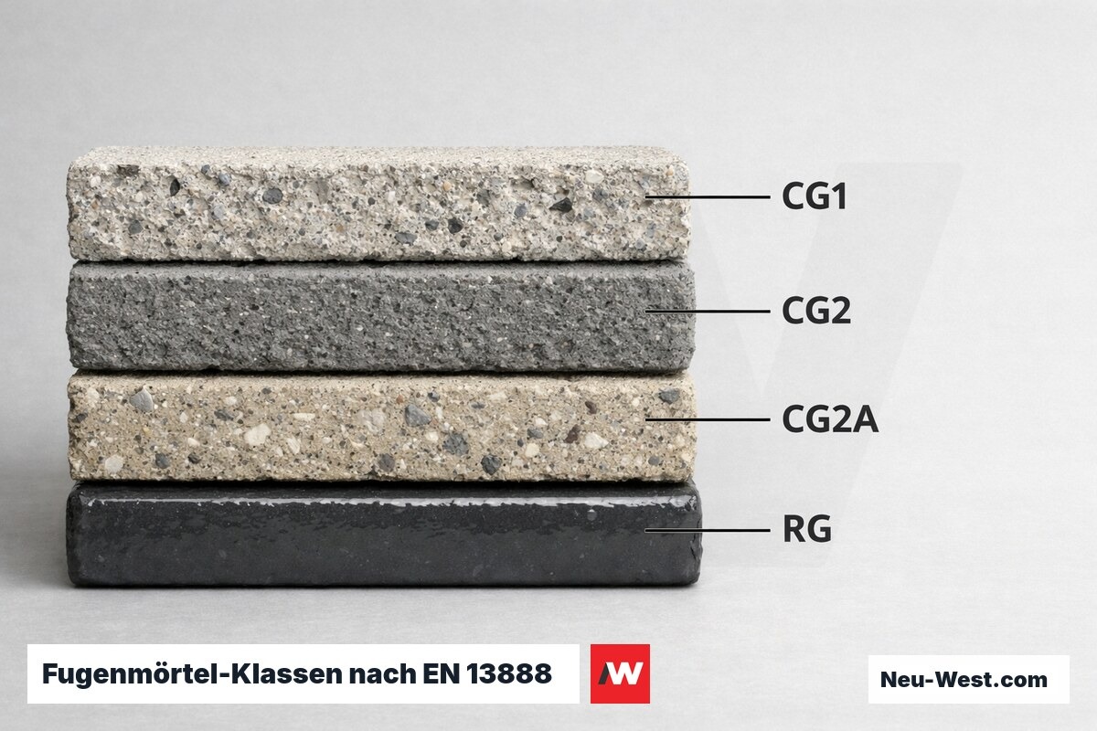 Fugenmörtel-Klassen nach EN 13888: CG1 / CG2 / CG2A / RG – Erklär-Grafik (NEUWEST Berlin)
