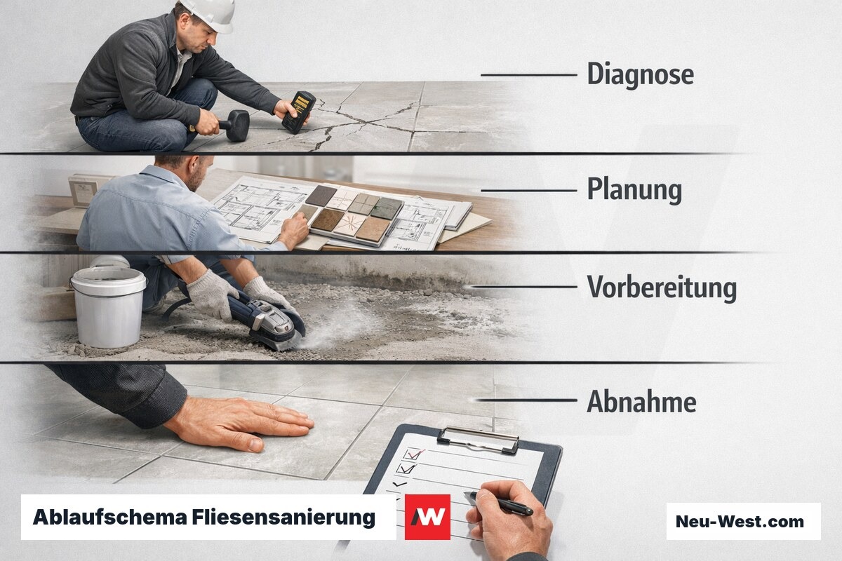Ablaufschema Fliesensanierung: Diagnose bis Abnahme – Erklär-Grafik (NEUWEST Berlin)