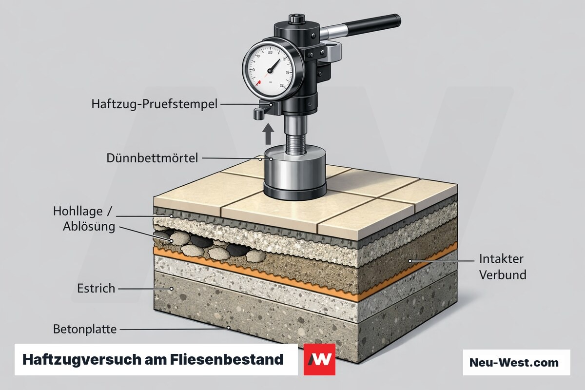 Querschnitt eines Haftzugversuchs: Prüfstempel zieht an Fliese, sichtbar Dünnbettmörtel, Hohllagen und intakter Verbund im Schichtaufbau.