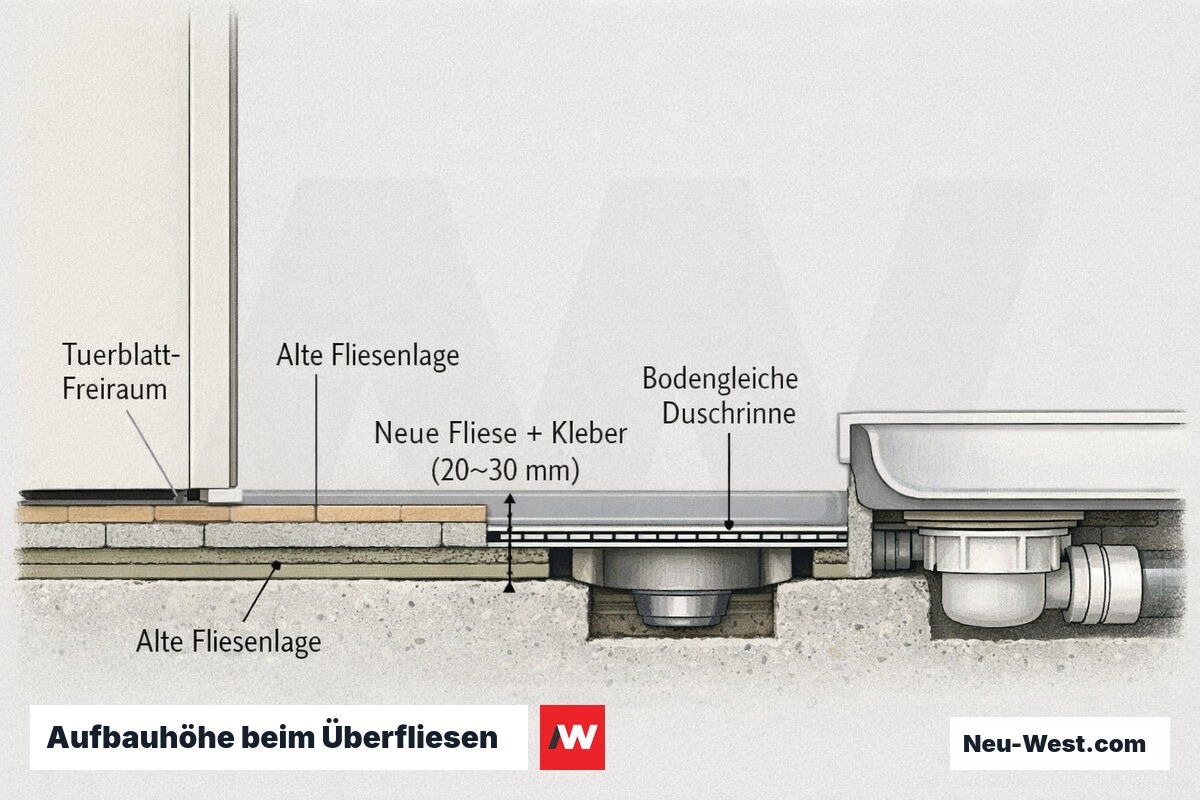 Querschnitt einer überfliesten Badezimmerkante: zwei Fliesenlagen erhöhen den Boden und behindern Türblatt, Duschrinne und Wannenablauf.