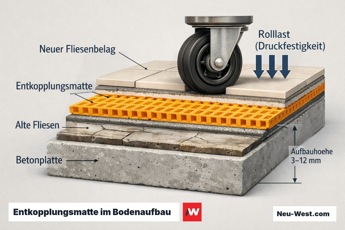 Querschnitt eines sanierten Fliesenbodens mit Entkopplungsmatte, Aufbauhöhe und Rolllast als Druckbelastung.