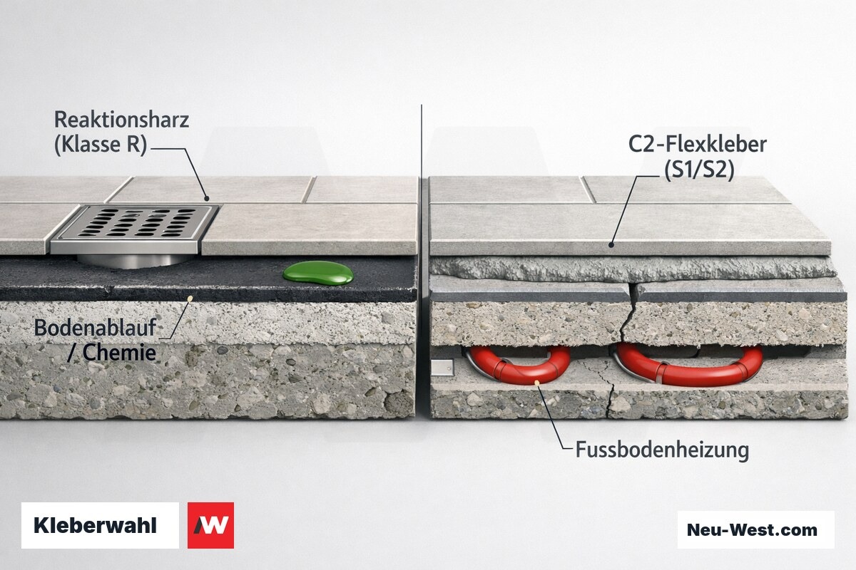 Querschnitt-Vergleich: Reaktionsharzkleber am Chemie-Bodenablauf gegenüber flexiblem C2-Zementkleber über Fußbodenheizung im Estrich.