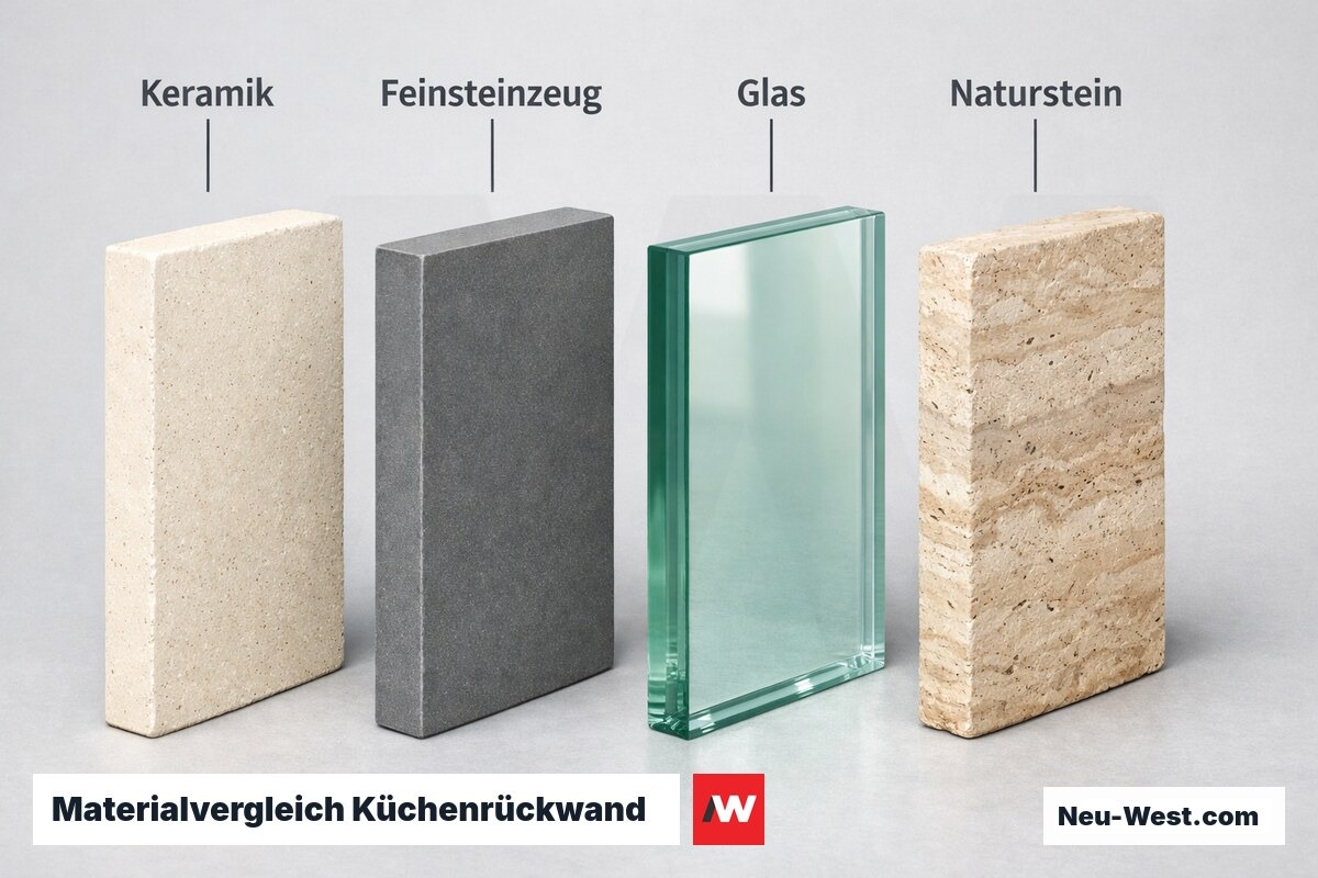 Materialvergleich Küchenrückwand: Wasseraufnahme, Hitze, Pflegeaufwand – Erklär-Grafik (NEUWEST Berlin)