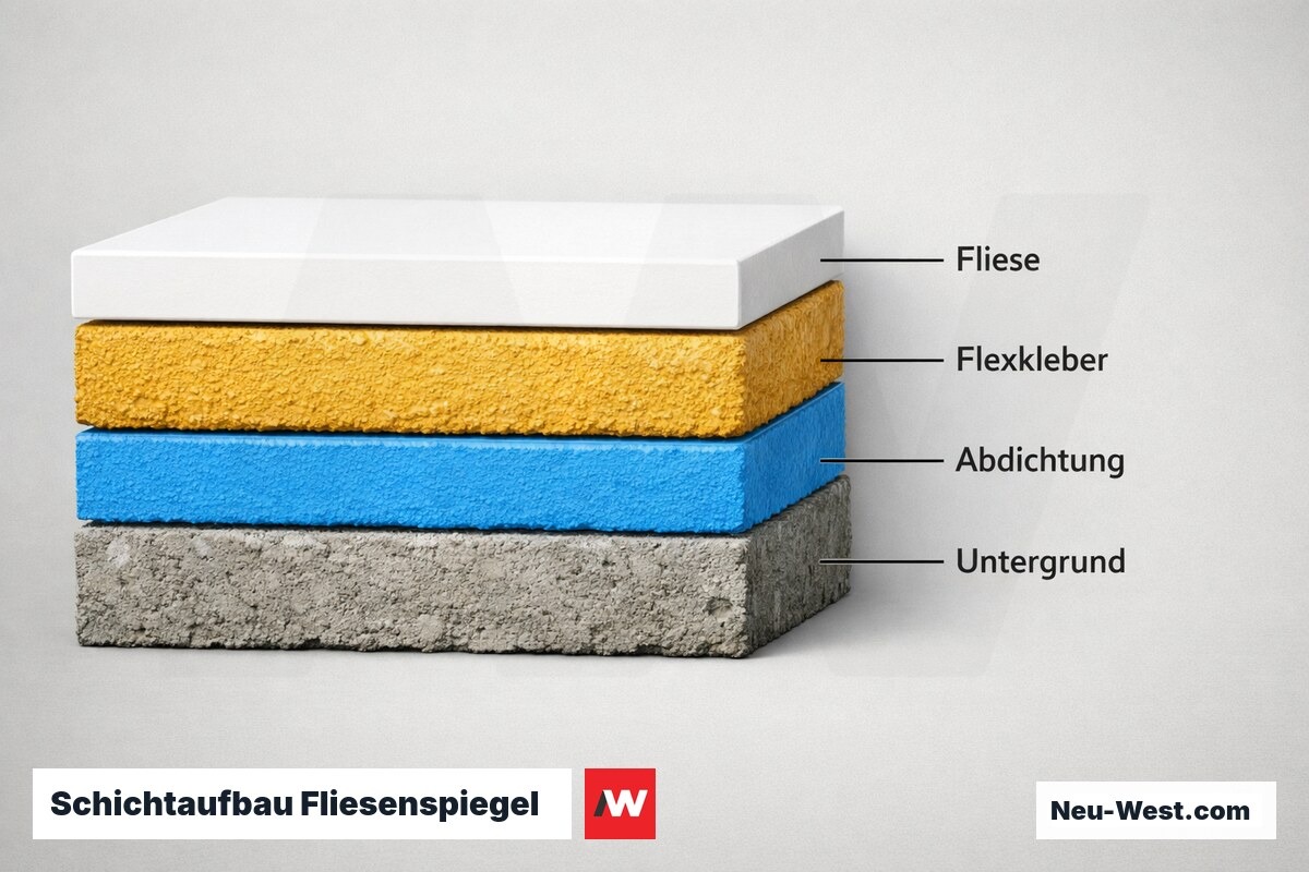 Schichtaufbau Fliesenspiegel: Querschnitt mit kritischen Schichtdicken – Erklär-Grafik (NEUWEST Berlin)