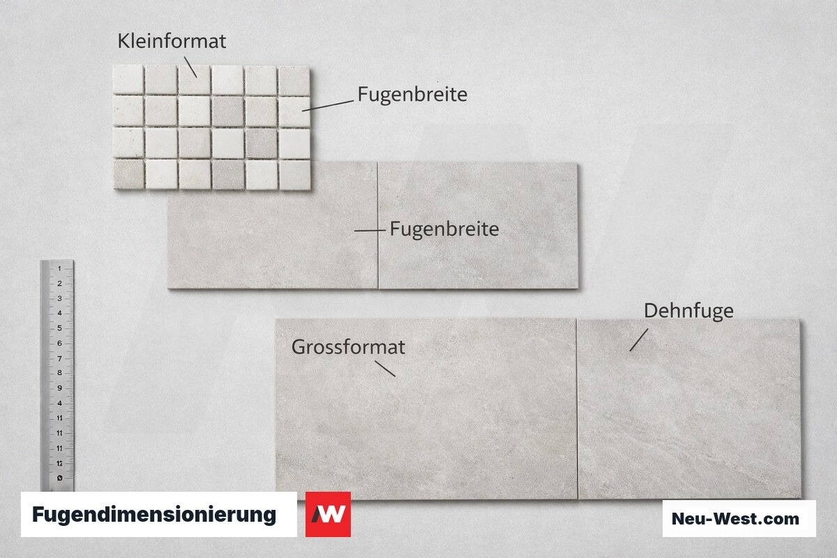 Fugendimensionierung: Mindestfugenbreite nach Fliesenformat – Erklär-Grafik (NEUWEST Berlin)