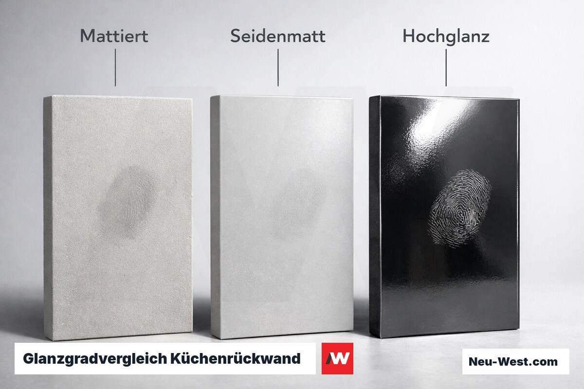 Glanzgradvergleich Küchenrückwand: Lichtreflexion und Reinigungsintensität – Erklär-Grafik (NEUWEST Berlin)