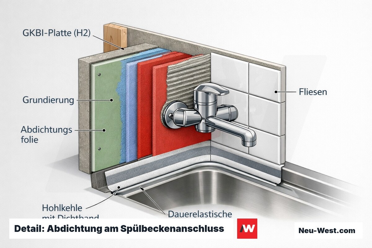 Querschnitt Spülbecken-Wandanschluss: Hohlkehle mit Dichtband, dauerelastische Anschlussfuge und grundierte GKBI-Platte mit Abdichtungsfolie hinter Fliesen.
