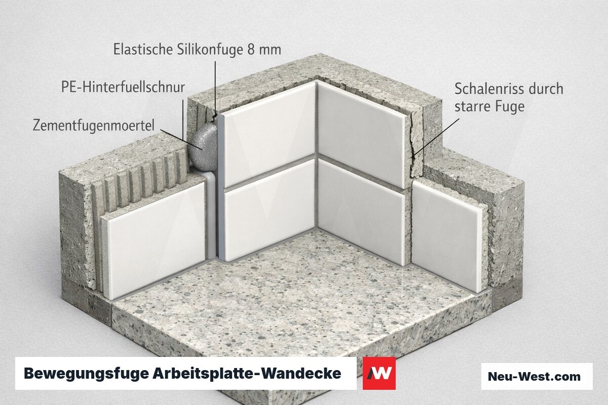 Querschnitt der Arbeitsplatten-Wandecke: korrekte elastische Silikonfuge mit PE-Hinterfüllschnur gegenüber falscher starrer Mörtelfuge mit Schalenriss.