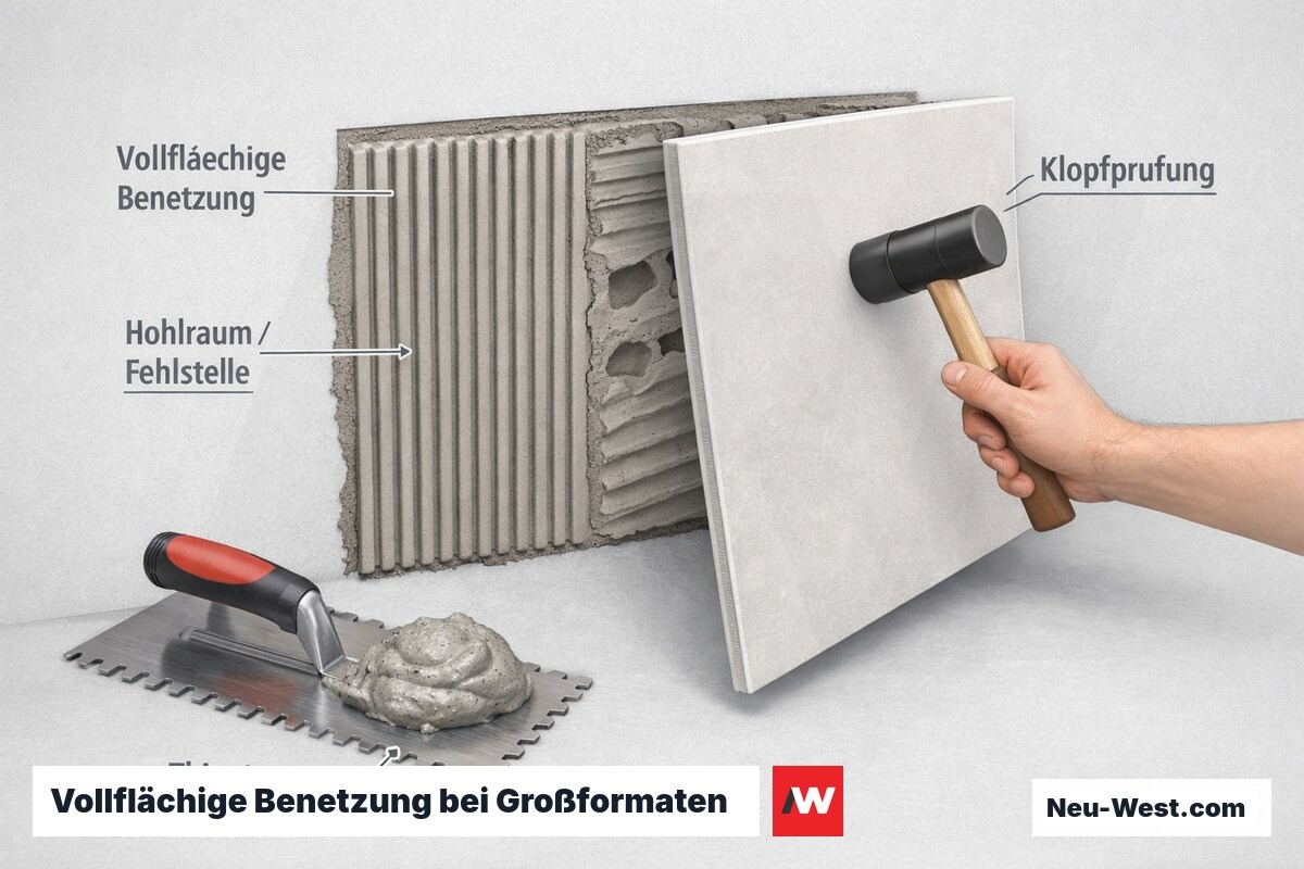 Detailillustration einer angehobenen 60×60-cm-Fliese: vollflächige Kleberbenetzung gegenüber Hohlräumen, T-Kleber und Klopfprüfung mit Hammer.