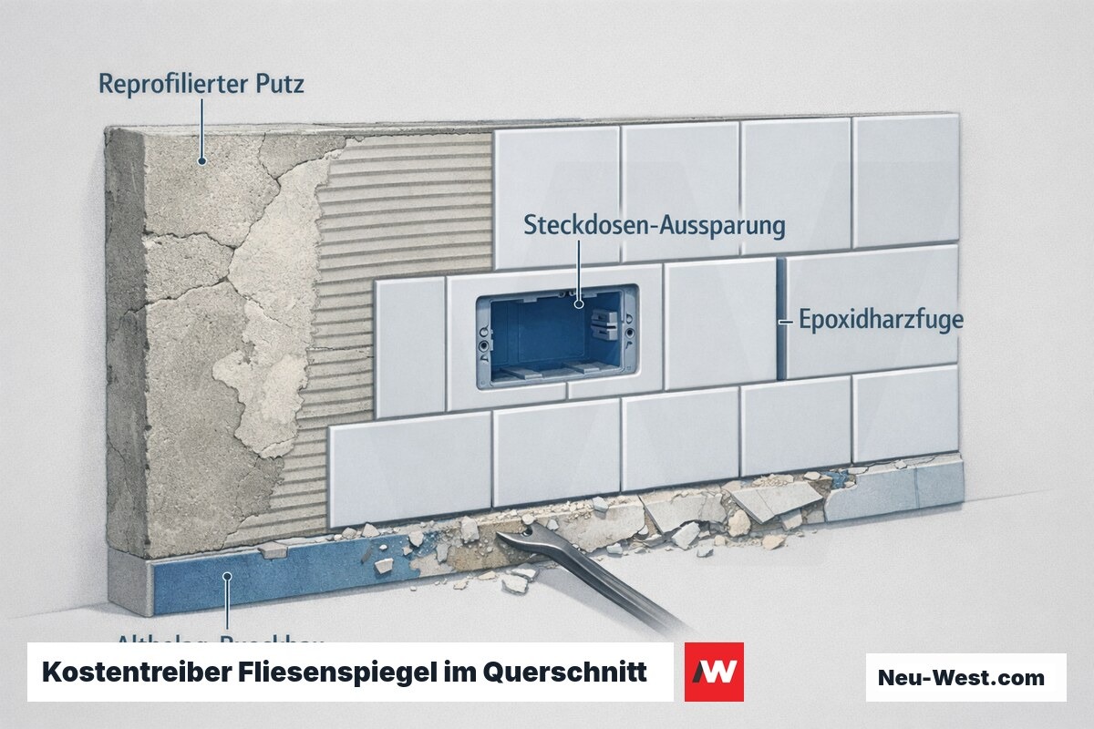 Querschnitt einer Küchenrückwand mit Steckdosen-Aussparungen, Epoxidharzfuge, reprofiliertem Putz und Rückbau des Altbelags als Kostentreiber.