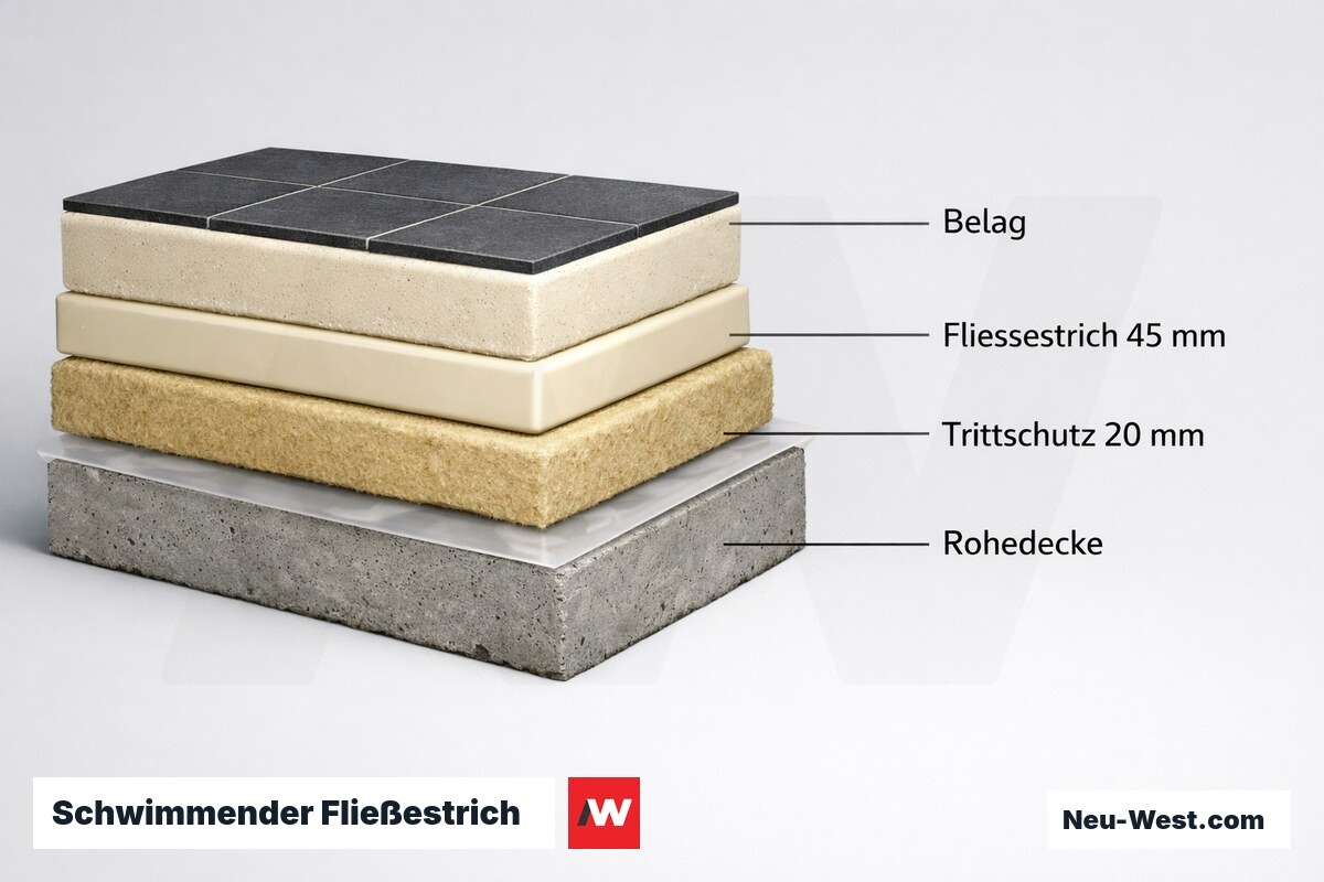 Schwimmender Fließestrich: Schichtaufbau mit Mindestdicken – Erklär-Grafik (NEUWEST Berlin)