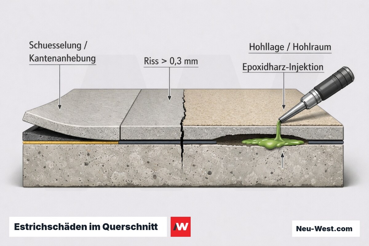 Querschnitt eines Fließestrichs mit Schüsselung, Riss über 0,3 mm, Hohllage und Epoxidharz-Injektion zur Sanierung.