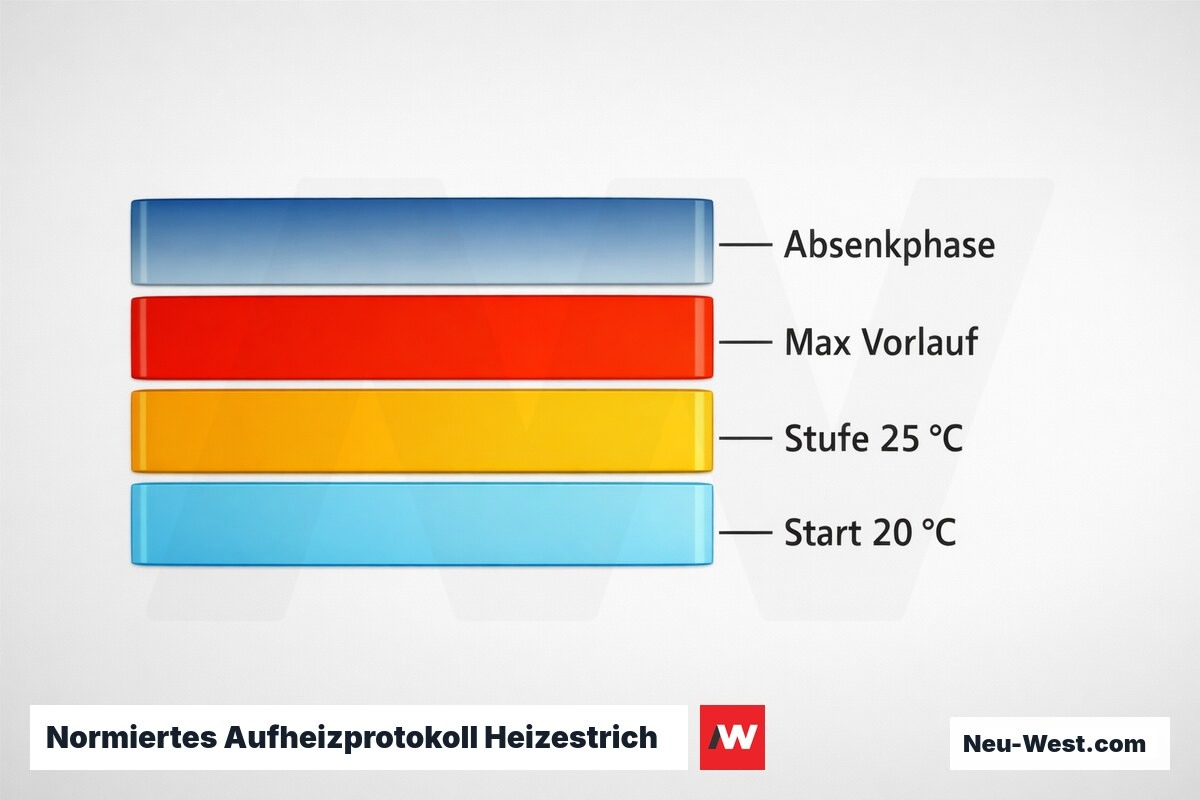 Normiertes Aufheizprotokoll Heizestrich nach EN 1264-4 – Erklär-Grafik (NEUWEST Berlin)