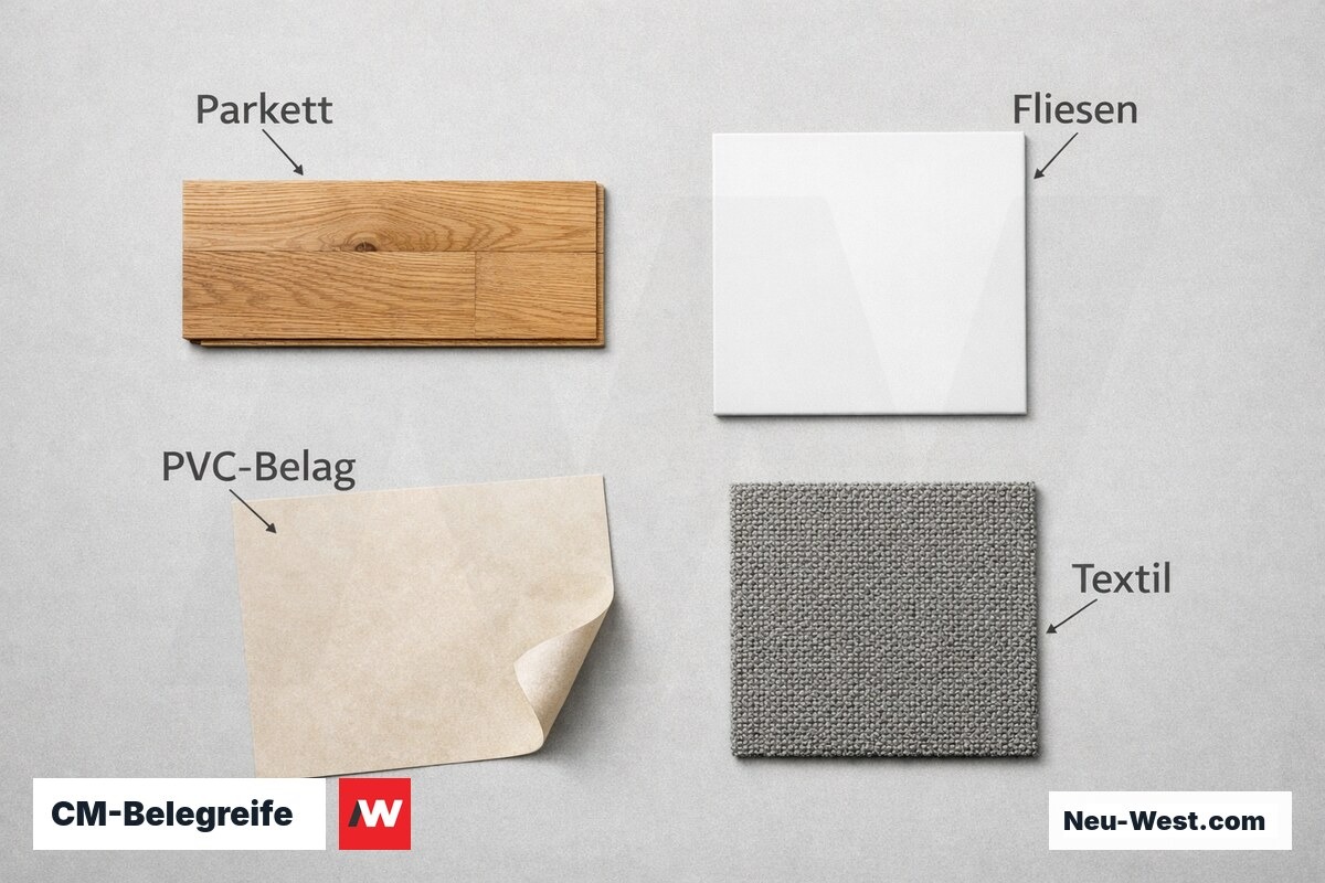 CM-Belegreife: Restfeuchte-Grenzwerte nach Estrichtyp und Belagsart – Erklär-Grafik (NEUWEST Berlin)