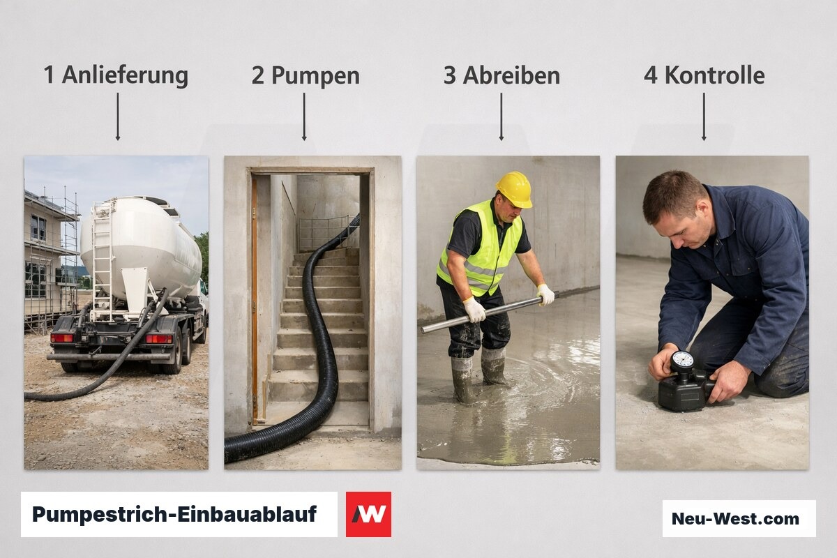 Pumpestrich-Einbauablauf: Von der Anlieferung bis zur Qualitätskontrolle – Erklär-Grafik (NEUWEST Berlin)