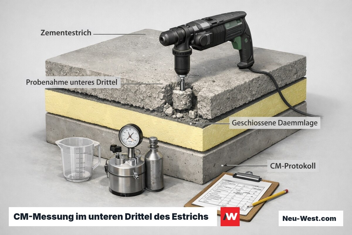 Querschnitt-Grafik: CM-Probenahme im unteren Estrich-Drittel über geschlossener Dämmlage, mit CM-Gerät und Protokoll zur Belegreife-Dokumentation.