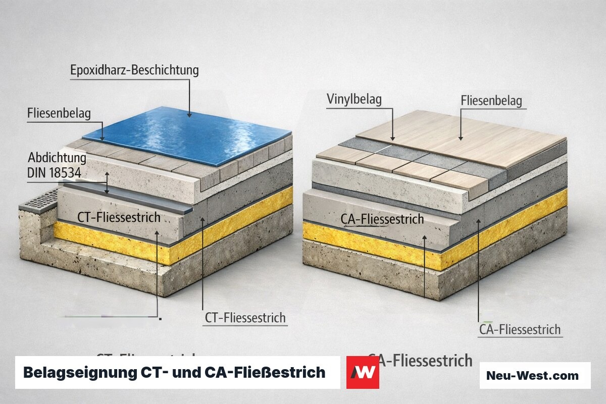 Querschnitt-Vergleich: CT-Fließestrich mit Abdichtung und Epoxidharzbelag für Außenbereich gegenüber CA-Fließestrich mit Innenbelägen.
