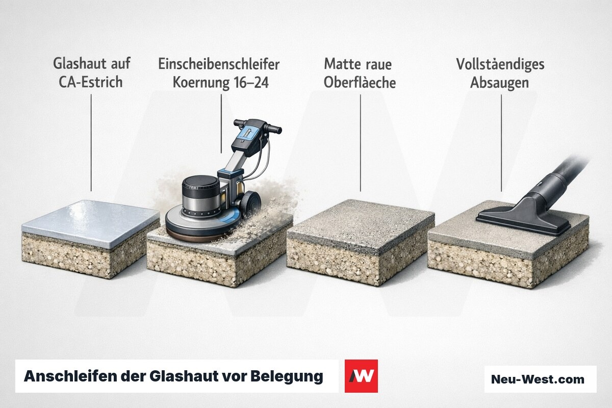 Prozessgrafik: CA-Estrich mit Glashaut, Anschleifen mit Einscheibenschleifer, matte raue Oberfläche, anschließendes Absaugen vor der Belegung.