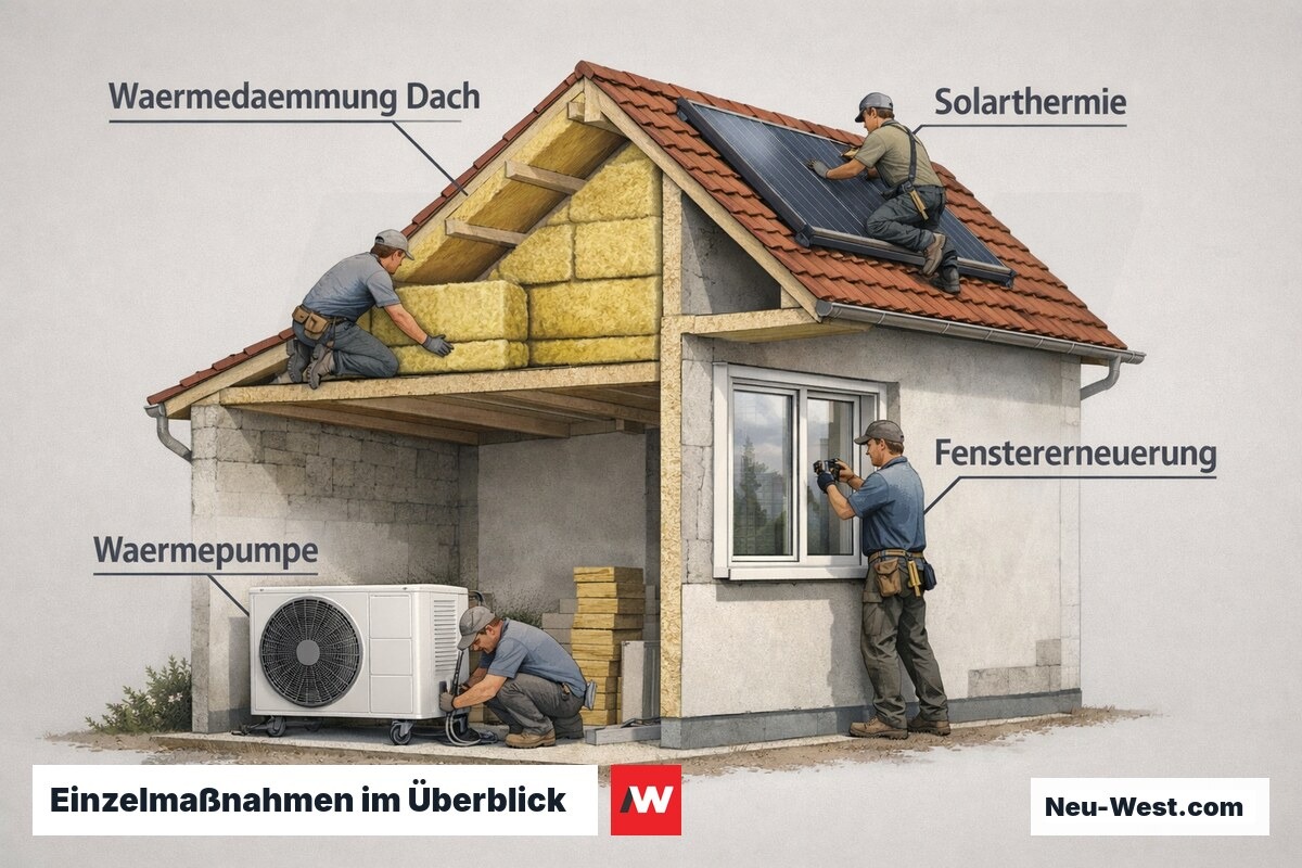 Gebäudequerschnitt mit gleichzeitigen Sanierungsmaßnahmen: Wärmepumpe, Dachdämmung, Fenster und Solarthermie im Einsatz.