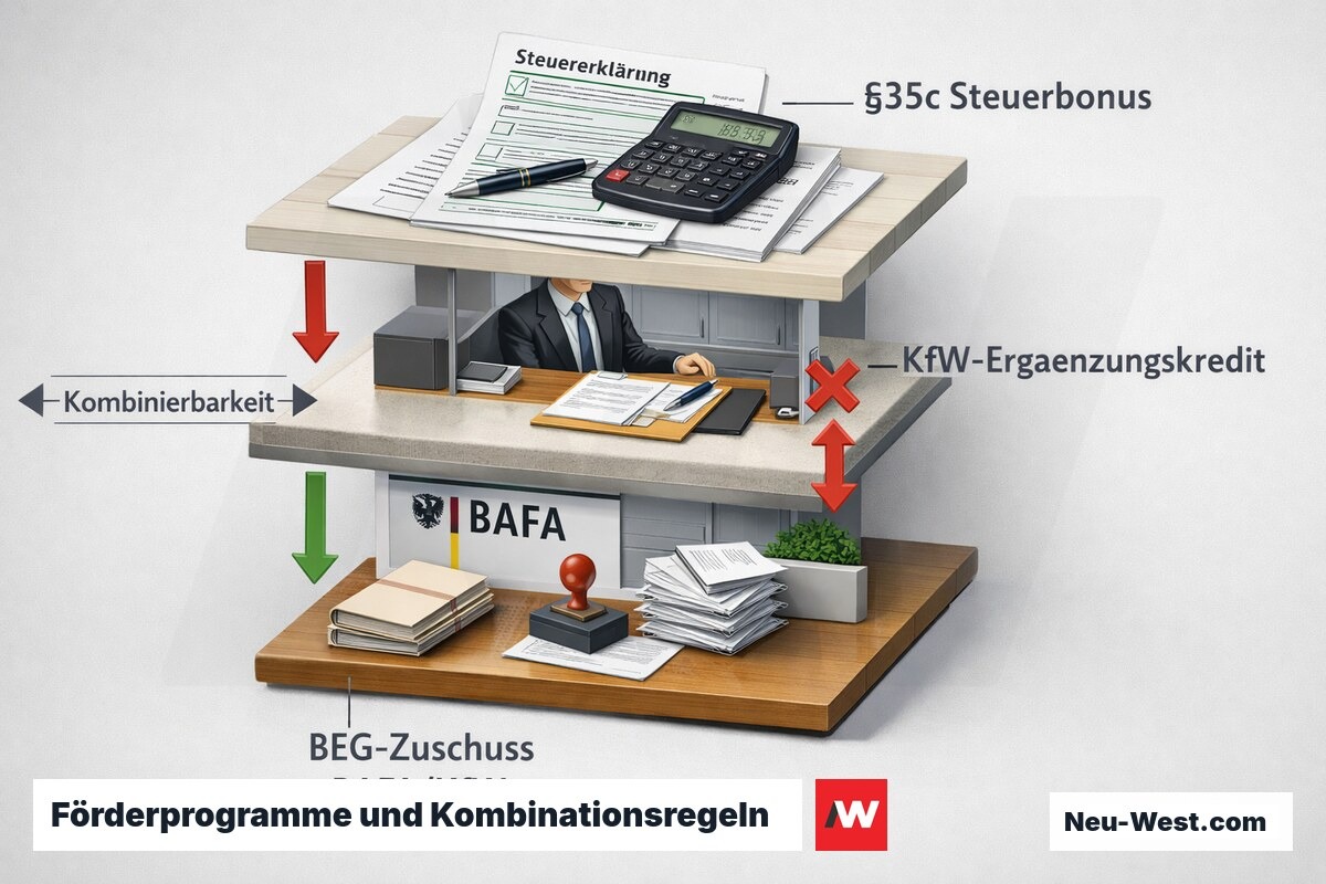 Illustrierte Übersicht der drei Fördersäulen BEG-Zuschuss, KfW-Kredit und Steuerbonus mit Kombinationsverbindungen und Ausschlüssen.