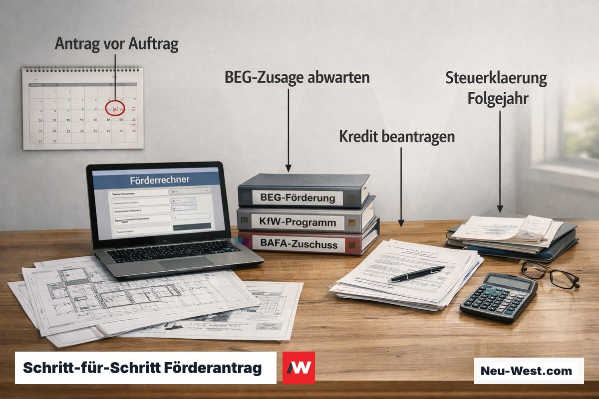 Schreibtisch mit Sanierungsunterlagen, Förderanträgen und Kalender – Ablauf der Antragstellung vor Auftragsvergabe dargestellt.